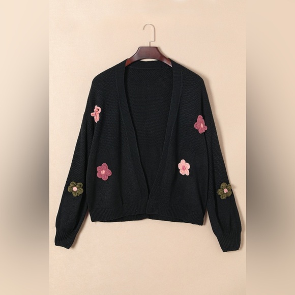Flower Open Front Dropped Shoulder Cardigan - Picture 4 of 9